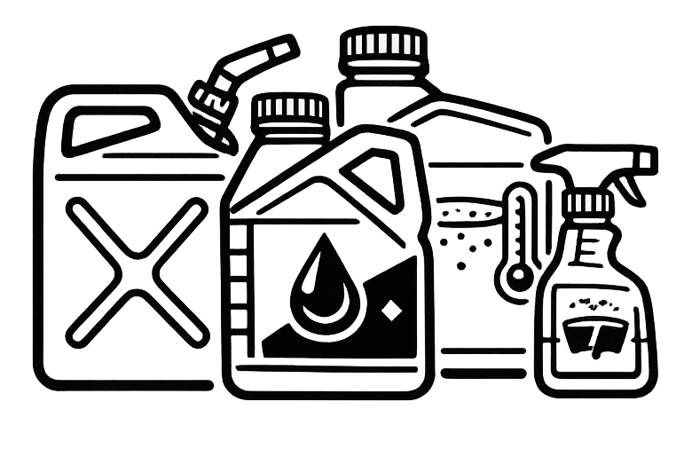 Picture icon showing line drawing of various automotive items including gasoline, antifreeze, motor oil and car cleaning products.
