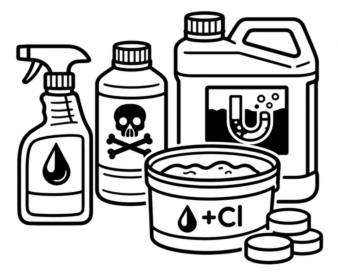 Picture icon showing line drawing of various household cleaning items including general cleaners, drain cleaners, pool chemicals and caustic and acidic cleaners