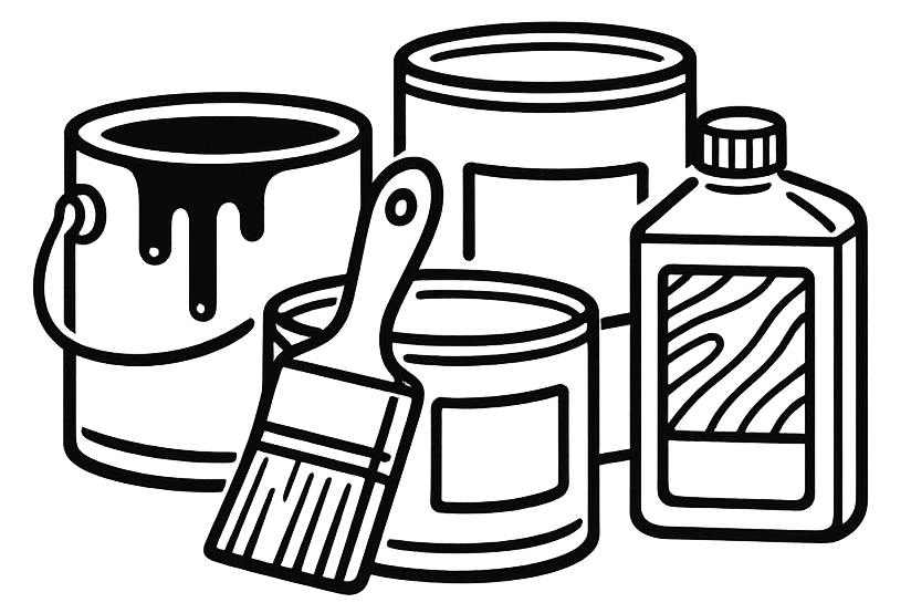 Picture icon showing line drawing of various paint and stain items 